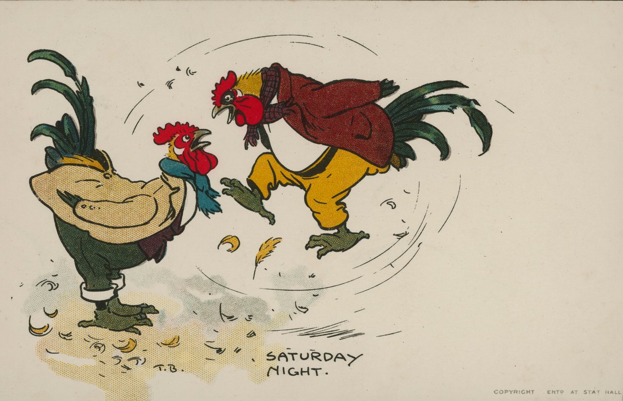 Samedi soir, deux poulets se battent (lithographie couleur) - Tom Browne