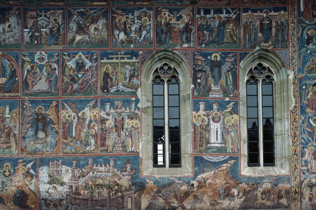 Figures de saints, fresque sur les murs extérieurs du monastère de Moldovita - Toma de la Suceava