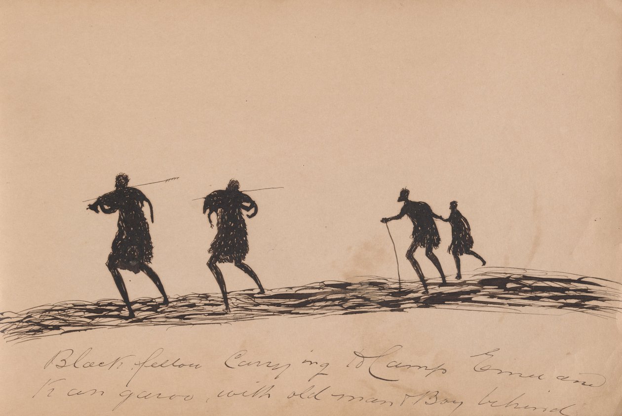 Kwatkwat - Homme noir portant à camp un émeu et un kangourou avec un vieil homme et un garçon derrière - Tommy McRae