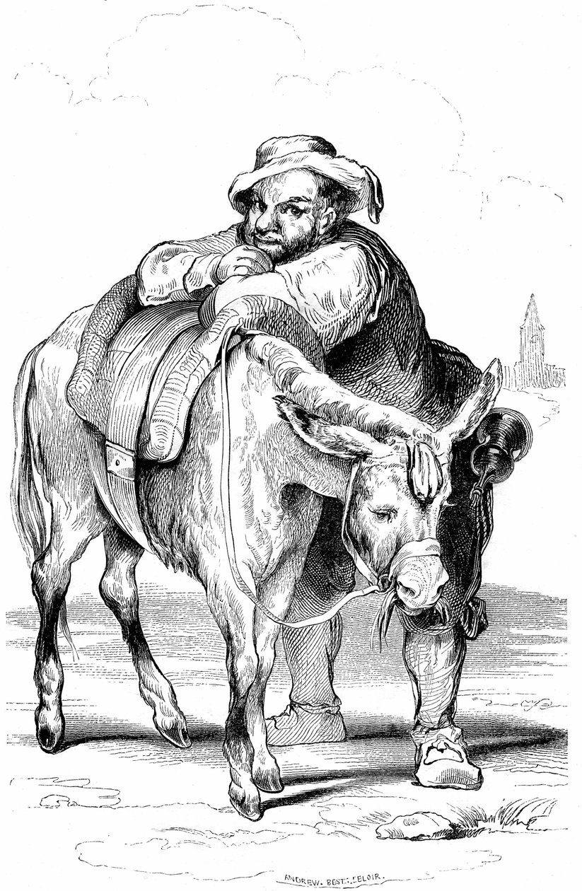 Sancho Panza, écuyer de Don Quichotte et son âne. Illustration du roman de Cervantes publié en France en 1845 par Dubochet & Cie, traduction de Louis Viardot, gravures de Tony Johannot - Tony Johannot