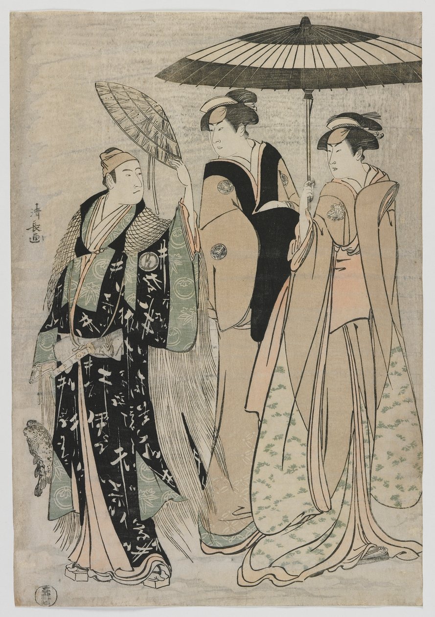 Les acteurs Sujuro III en Minamoto no Yoritomo, Nakamura Riko en Kiyotaki, Yamashita Mangiku en Masa, période Edo, 1784 - Torii Kiyonaga