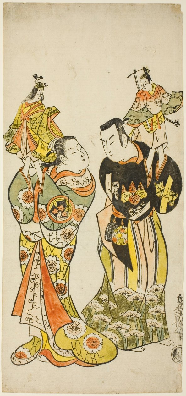 Les acteurs Yamashita Kinsaku I et Hayakawa Hatsuse en marionnettistes dans la pièce "Journal de voyage en mer vers Izu" ("Funadama Izu Nikki"), jouée au théâtre Nakamura au premier mois de 1725 - Torii Kiyomasu II