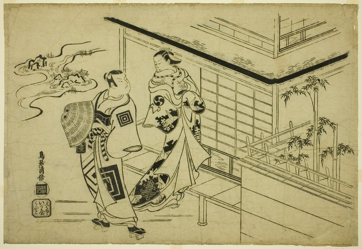 Les acteurs Nakamura Takesaburo I comme Kewaizaka no Shosho et Ichikawa Danjuro II comme Soga no Goro dans la pièce "Bando Ichi Kotobuki Soga," jouée au théâtre Nakamura en janvier 1715 - Torii Kiyomasu I