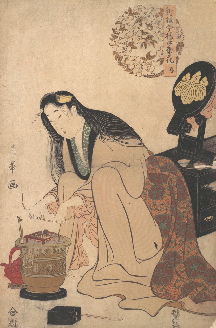 Dame arrangeant le support Binsashi pour les cheveux au-dessus des tempes pour mettre dans ses cheveux, vers 1808 - Torii Kiyomine