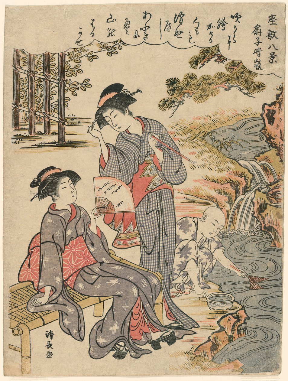 Un éventail suggérant une tempête dispersée (Sensu no seiran) de la série "Huit scènes du salon (Zashiki hakkei)" - Torii Kiyonaga