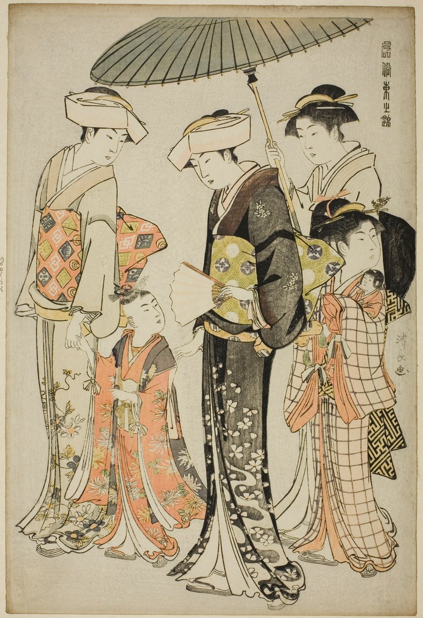 Une fille et quatre serviteurs, de la série "Une brocade de manières orientales (Fuzoku Azuma no nishiki)" - Torii Kiyonaga