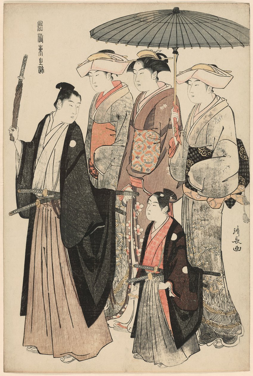 Un jeune noble, sa mère et trois serviteurs, de la série "Une Brocade des manières orientales (Fuzoku Azuma no nishiki)" - Torii Kiyonaga