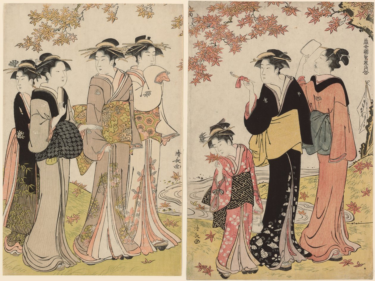 Beautés sous un érable, de la série "Une collection de beautés contemporaines des quartiers de plaisir (Tosei yuri bijin awase)" - Torii Kiyonaga