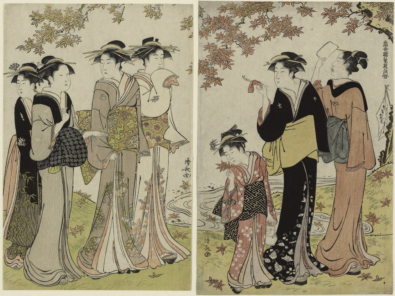 Beautés sous un érable, de la série "Une collection de beautés contemporaines des quartiers de plaisir" - Torii Kiyonaga