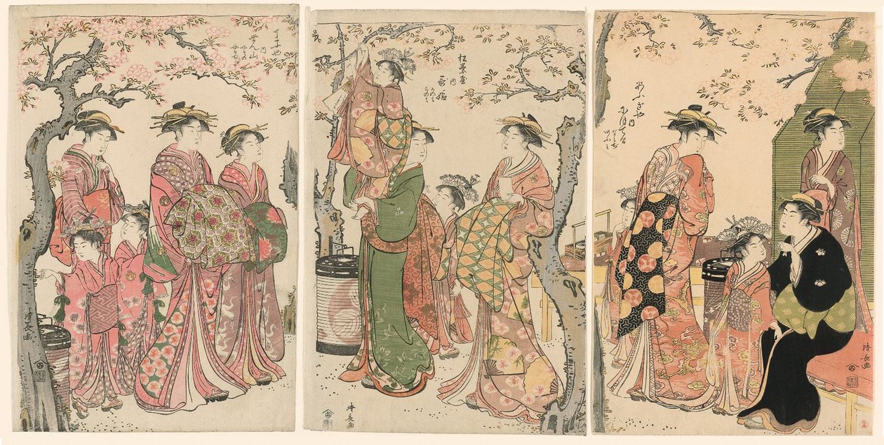 Courtisanes et leurs enfants sous des cerisiers en fleurs - Torii Kiyonaga