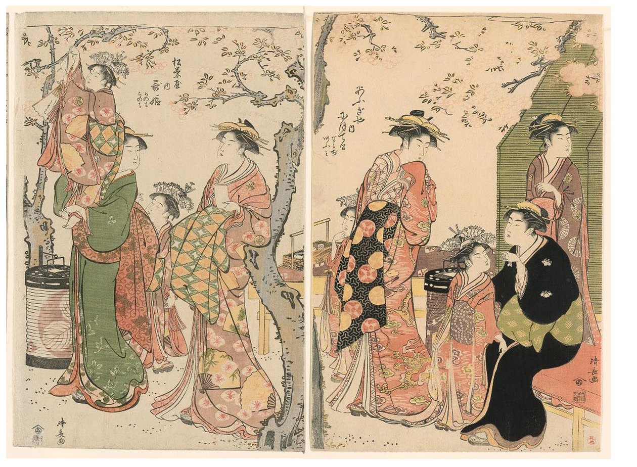 Courtisanes et leurs enfants sous des cerisiers en fleurs - Torii Kiyonaga