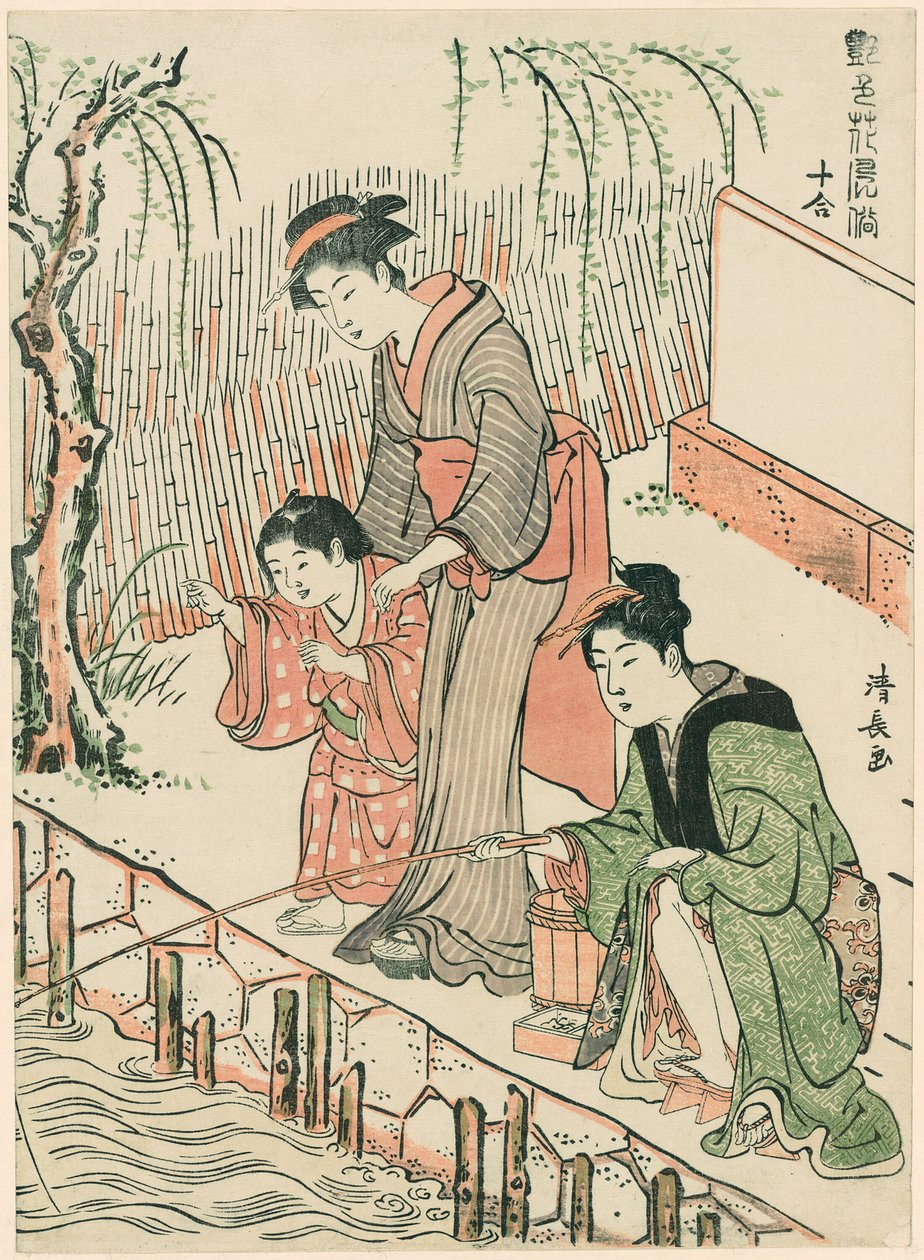 Pêche, de la série "Un ensemble de dix beautés dans des styles floraux (Enshoku hana fuzoku ju awase)" - Torii Kiyonaga