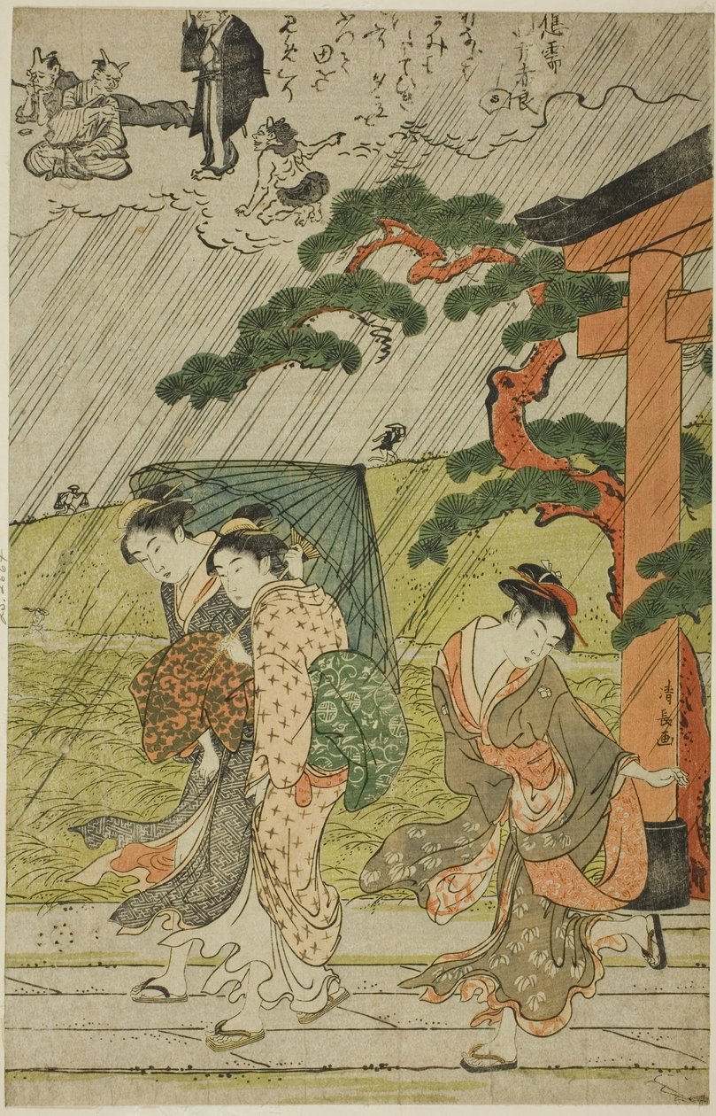Averse soudaine au sanctuaire de Mimeguri - Torii Kiyonaga