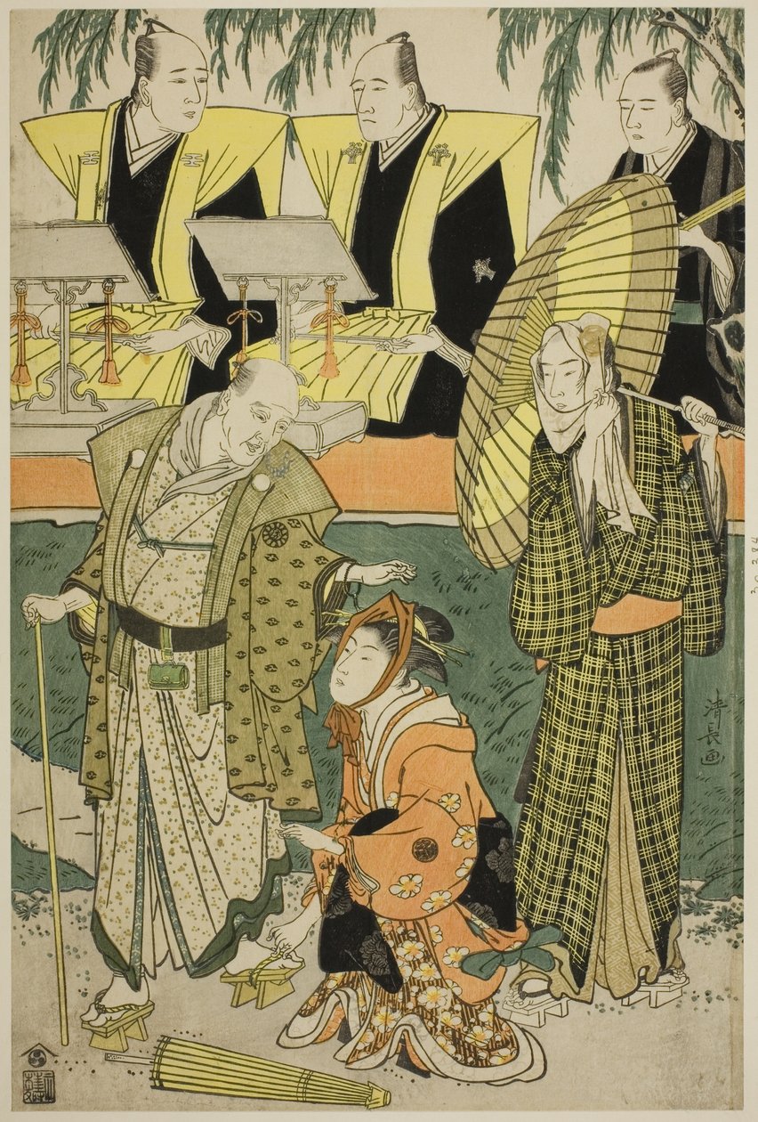 Les acteurs Bando Matakuro IV en Chubei, Osagawa Tsuneyo II en Umegawa, et Nakamura Katsugoro en Magoemon, dans la pièce "Keisei Koibikyaku," jouée au théâtre Morita en mai 1783 - Torii Kiyonaga