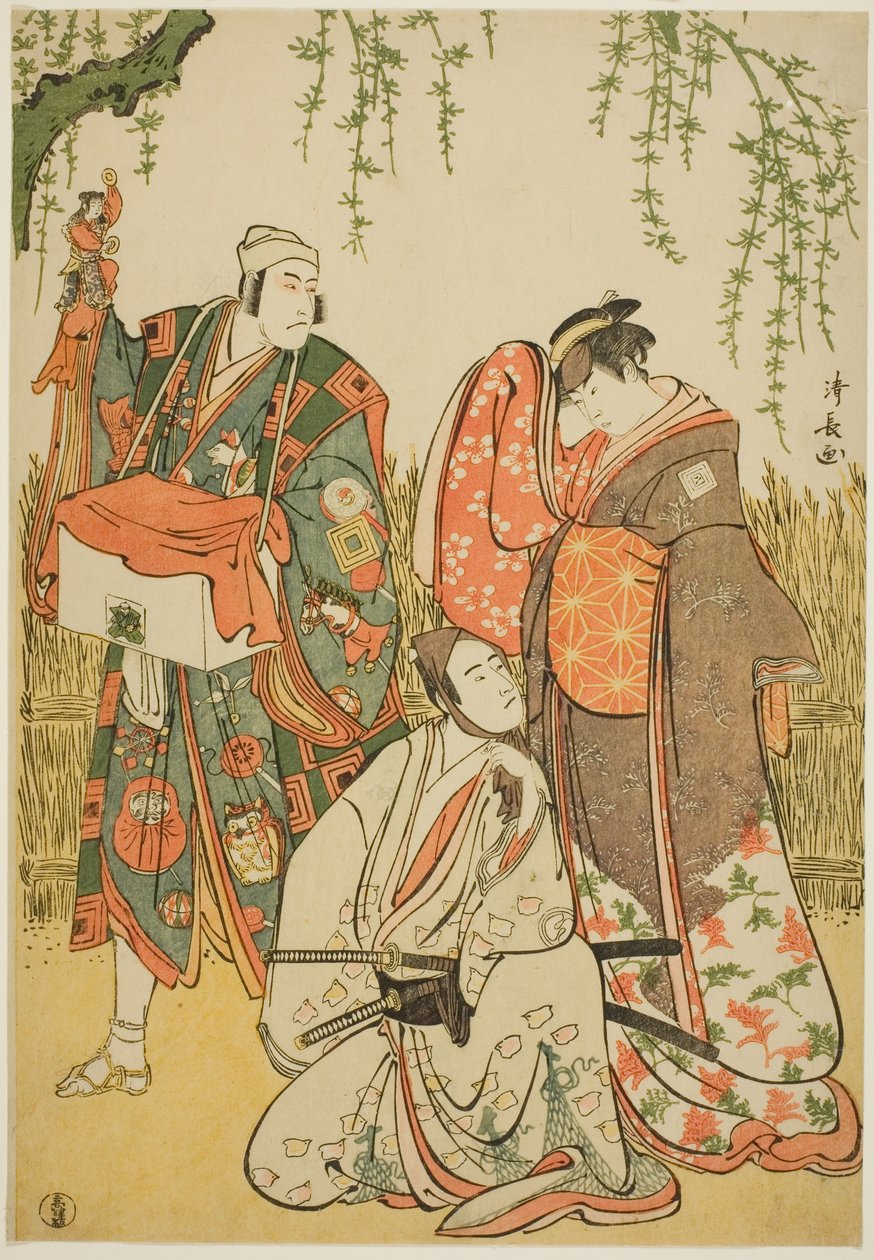 Les acteurs Ichikawa Yaozo III en Shiragiku, Ichikawa Danjuro V en marionnettiste Dekurokubei, et Sawamura Sojuro III en Soga no Juro, dans le joruri "Shinobukoi Yanagi no Katsura Otoko", joué au Théâtre Nakamura en janvier 1785 - Torii Kiyonaga