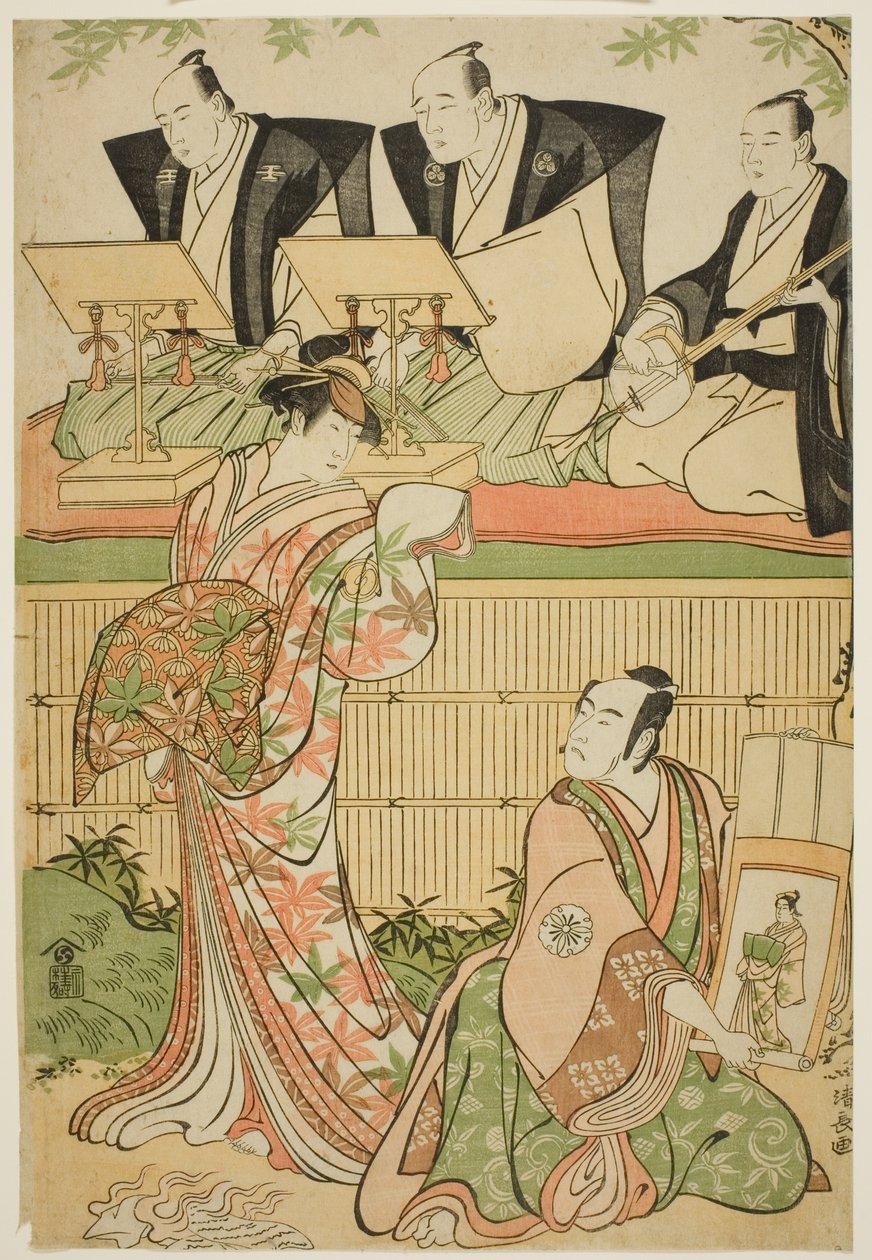 Les Acteurs Matsumoto Koshiro IV comme Ukita Sakingo et Sawamura Sojuro III comme le fantôme de la courtisane Takao, dans la pièce "Ominaeshi Sugata no Hatsuaki," jouée au Théâtre Nakamura, 1788 - Torii Kiyonaga