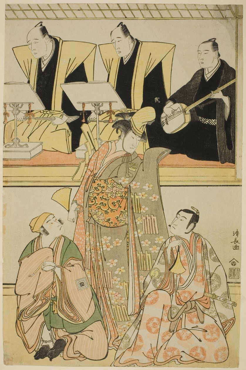 Les Acteurs Nakayama Kojuro VI (Nakamura Nakazo I) comme Chidori, Sawamura Sojuro III comme Shigemori, et Ichikawa Yaozo III comme Yoshibei, dans le shosa "Fukyoku Edo Geisha," joué au Théâtre Nakamura en novembre 1785 - Torii Kiyonaga