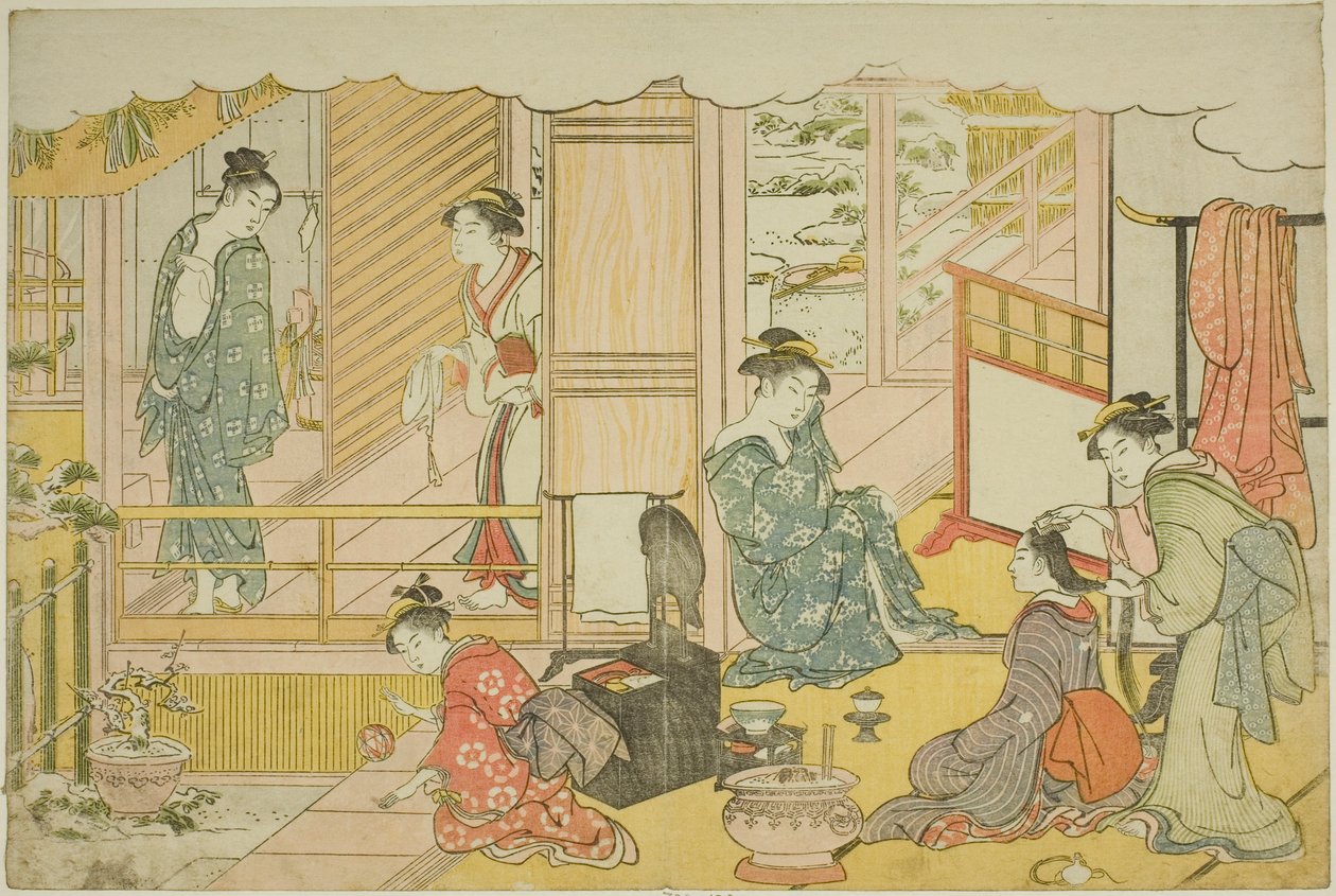 Le Premier Bain de la nouvelle année (Yudono hajime), du livre illustré "Couleurs de la triple aube" - Torii Kiyonaga