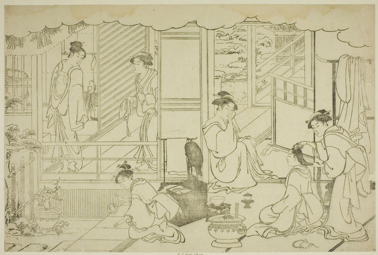 Le premier bain de la nouvelle année (Yudono hajime), du livre illustré "Couleurs de la triple aube (Saishiki mitsu no asa)" - Torii Kiyonaga