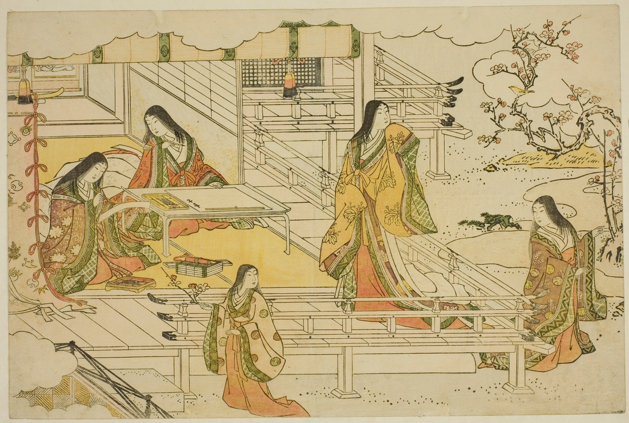 La première calligraphie de la nouvelle année (Kissho hajime), du livre illustré "Couleurs de la triple aube (Saishiki mitsu no asa)" - Torii Kiyonaga