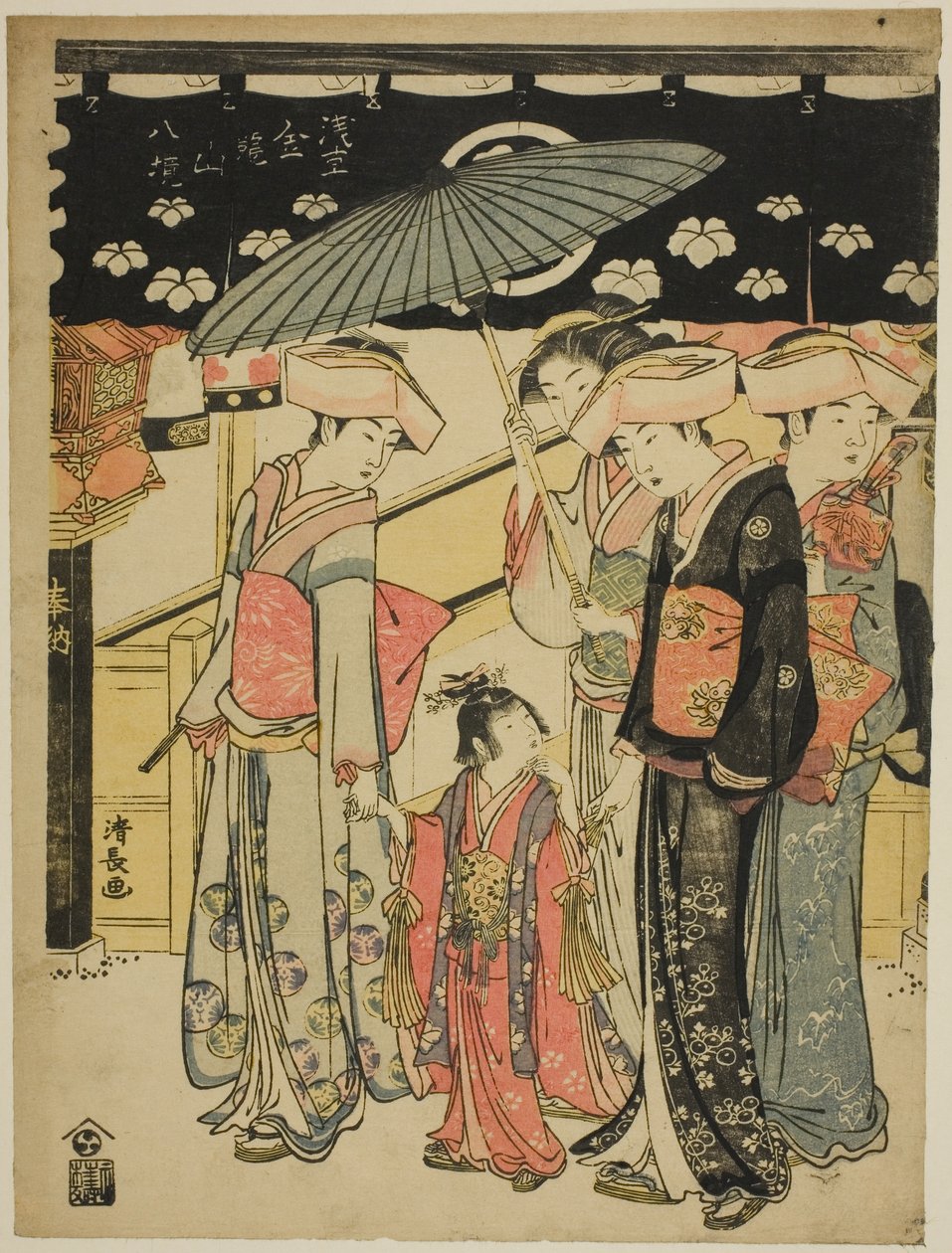 La rue commerçante Nakamise, de la série "Huit quartiers du temple Kinryuzan à Asakusa (Asakusa Kinryuzan hakkei)" - Torii Kiyonaga