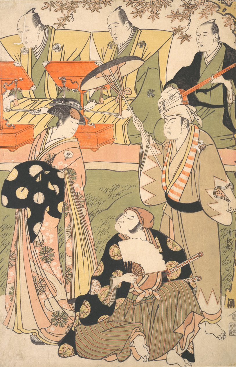Scène théâtrale, avec musiciens - Torii Kiyonaga