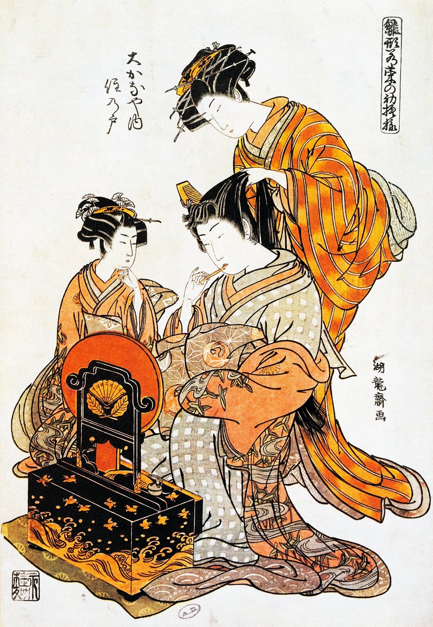 Femme devant un miroir se faisant coiffer, estampe ukiyo-e de Torii Kiyonaga - Torii Kiyonaga