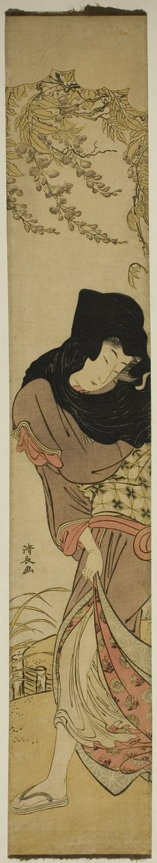 Femme sous glycine soufflée par le vent - Torii Kiyonaga