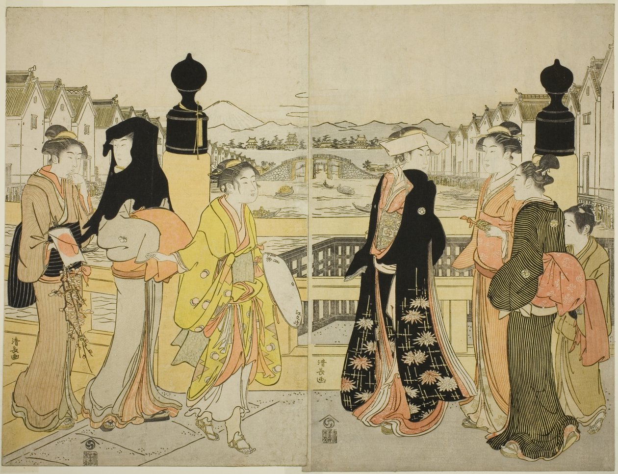 Femmes traversant le pont Nihonbashi - Torii Kiyonaga