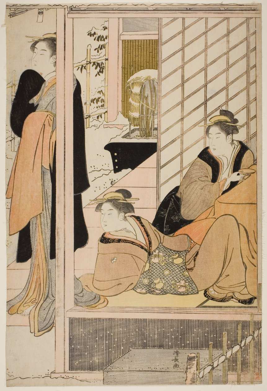 Femmes regardant un jardin enneigé depuis un salon - Torii Kiyonaga