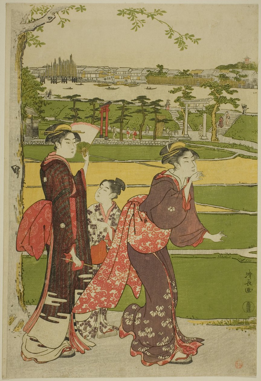 Femmes visitant le sanctuaire de Mimeguri - Torii Kiyonaga
