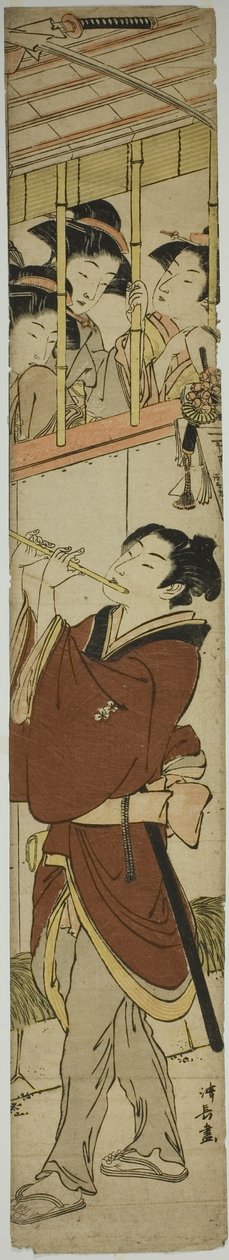 Jeune homme jouant de la flûte devant trois filles - Torii Kiyonaga