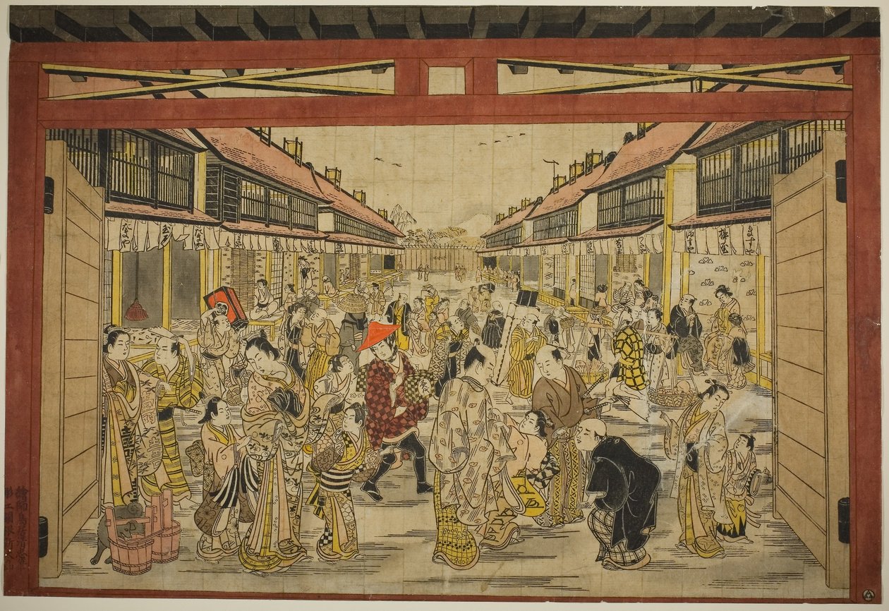 La porte principale, Nouveau Yoshiwara, vers 1745 (impression sur bois colorée à la main; toku-oban yoko-e, beni-e) - Torii Kiyotada