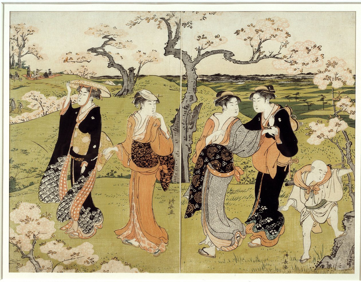 Pique-nique sous les cerisiers en fleurs à Assaakayama. Estampe japonaise de Torii Kiyonaga (1752-1815), style Ukiyo-E - Torii Kuyonaga