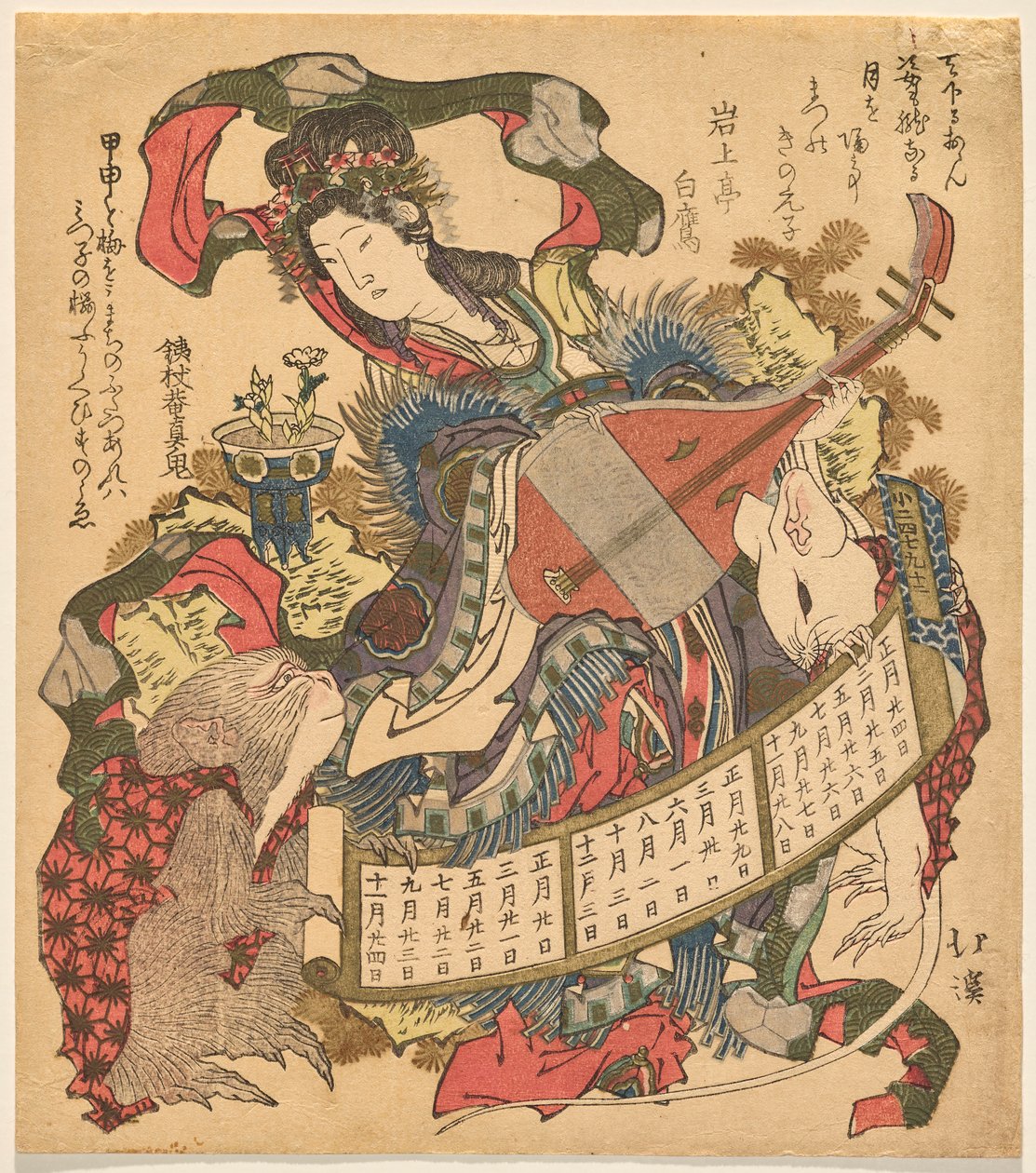 Benzaiten jouant du biwa avec un singe et un rat blanc - Totoya Hokkei