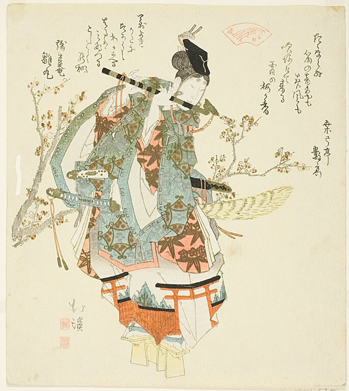 Minamoto no Yoshitsune (Ushiwaka Maru) jouant de la flûte - Totoya Hokkei