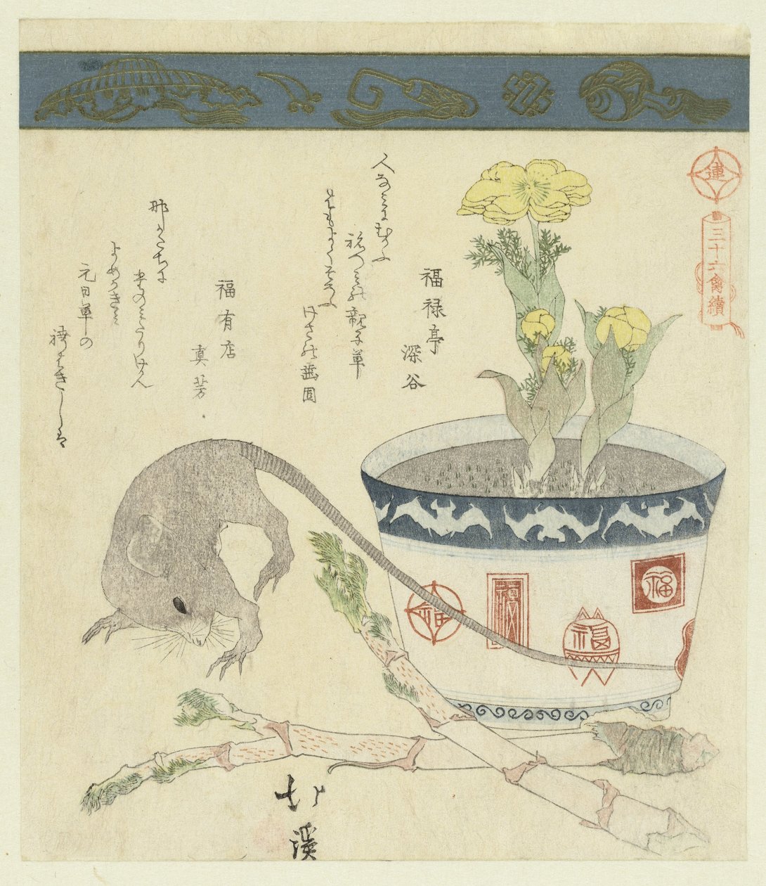Rat et bol avec adonis (Une série de trente-six oiseaux) - Totoya Hokkei