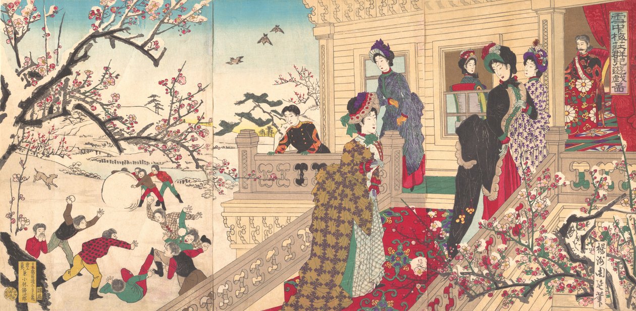 Enfants jouant dans la neige sous des pruniers en fleurs, 1887 - Toyohara Chikanobu