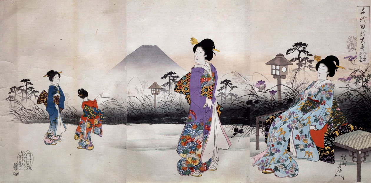 Femmes japonaises marchant devant le mont Fuji Estampe japonaise de Toyohara Chikanobu (1838-1912) 1896 Collection privée - Toyohara Chikanobu
