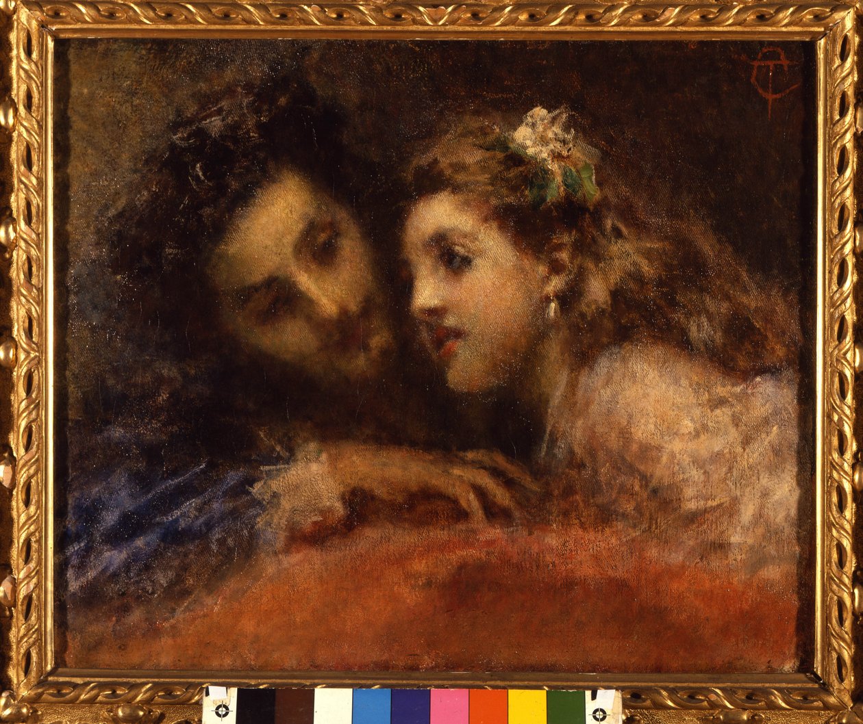 Attrazione, un homme se penche vers un enfant de manière complice et rassurante. Il est probablement un père et sa fille (bouche à oreille). Peinture de Tranquillo Cremona (1837-1878) Galleria d