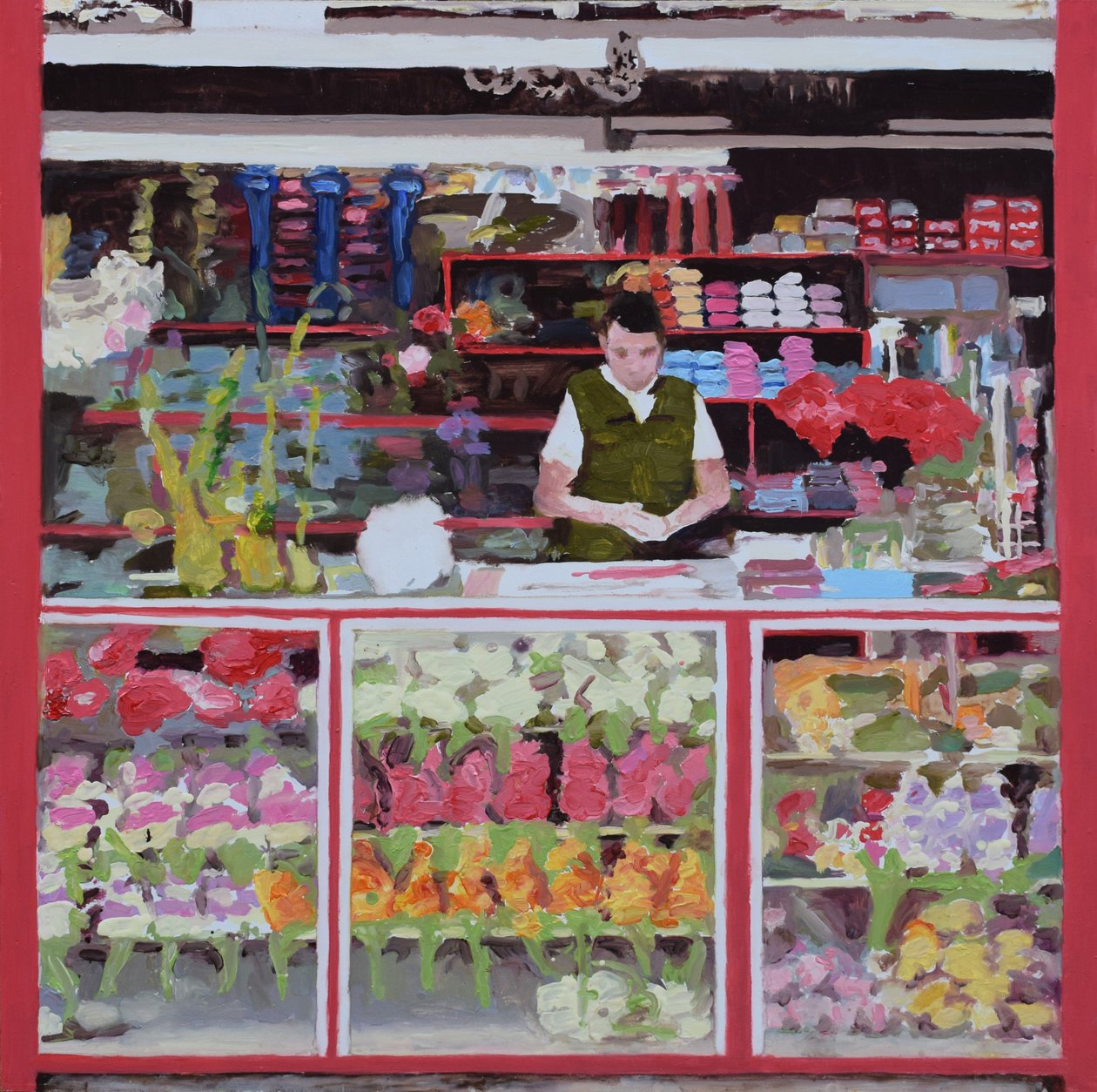 Étalage de fleurs (Bogotá, Colombie), 2016 (huile sur carton) - Trevor Burgess