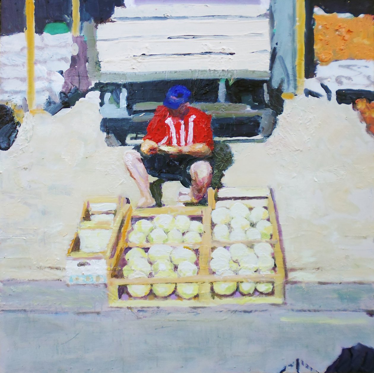 Homme vendant des melons (San Juan, Argentine), 2014 (huile sur carton) - Trevor Burgess