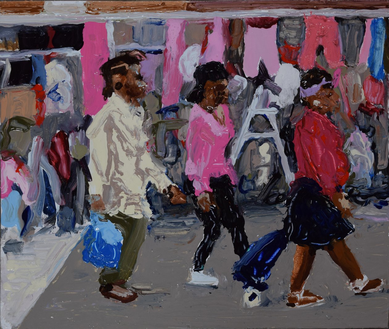 Acheteurs du marché (Deptford, Londres), 2018 (huile sur carton) - Trevor Burgess
