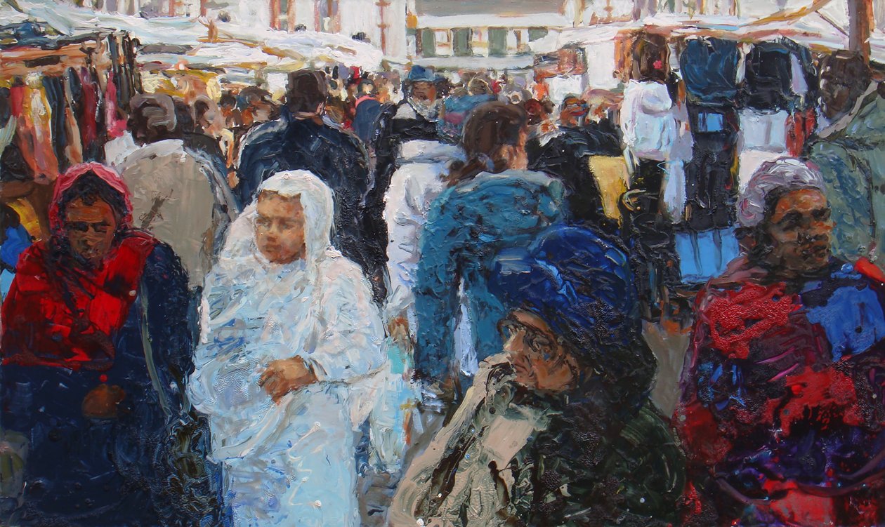 Acheteurs du marché (Ridley Road, Londres), 2011 (huile sur toile) - Trevor Burgess