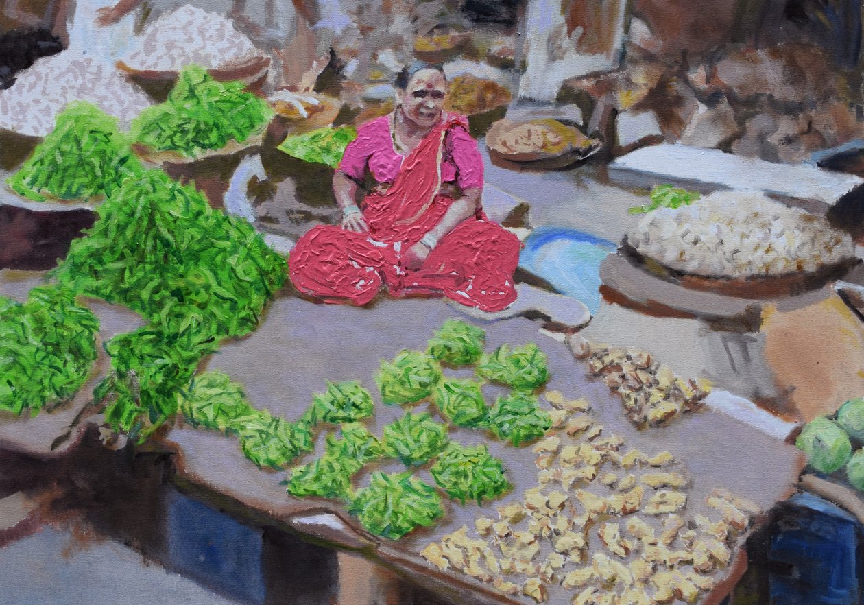 Vente de piments et de gingembre (Thane, Mumbai), 2016 (huile sur toile) - Trevor Burgess