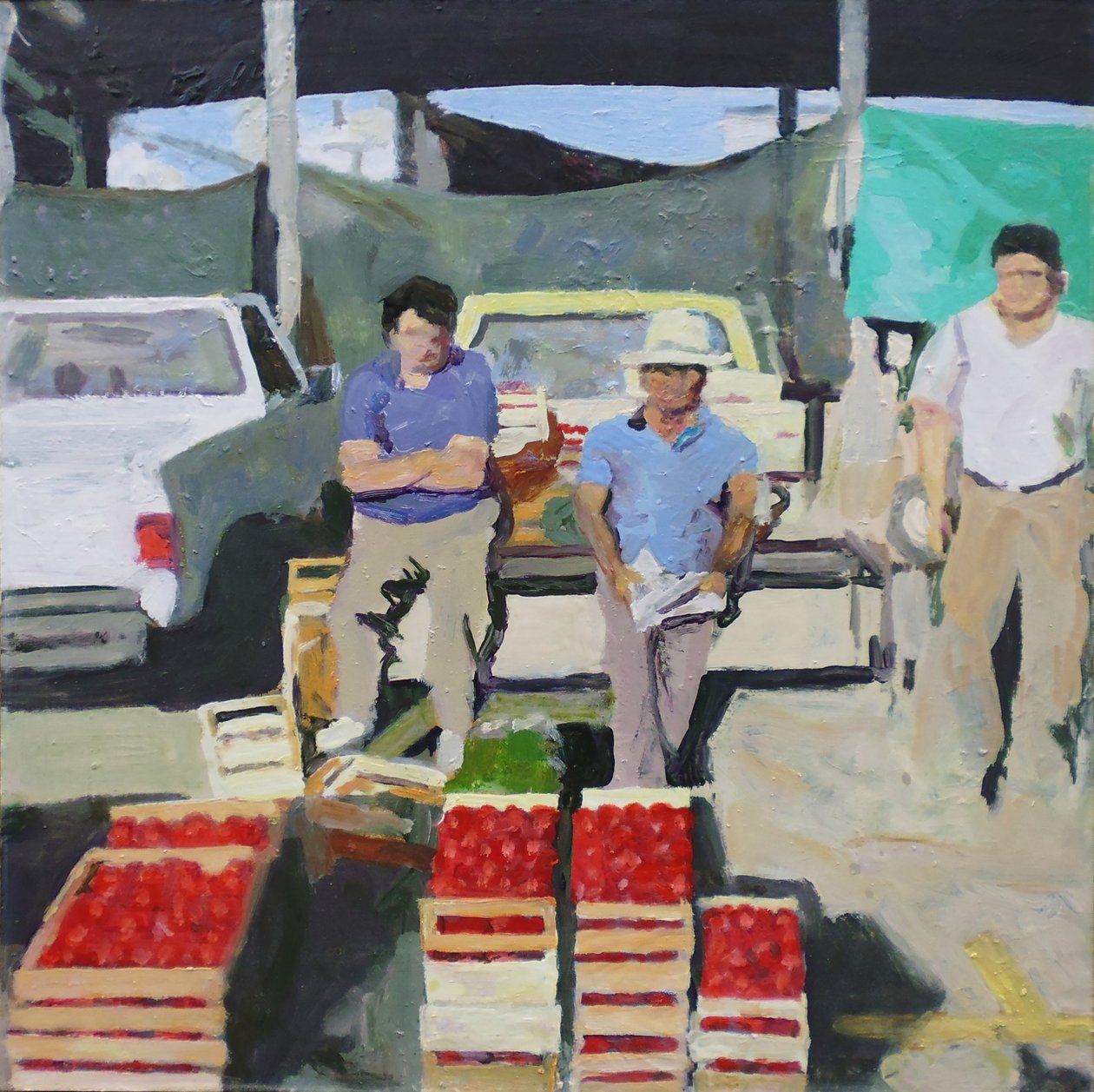 Trois hommes vendant des tomates (San Juan, Argentine), 2014 (huile sur carton) - Trevor Burgess