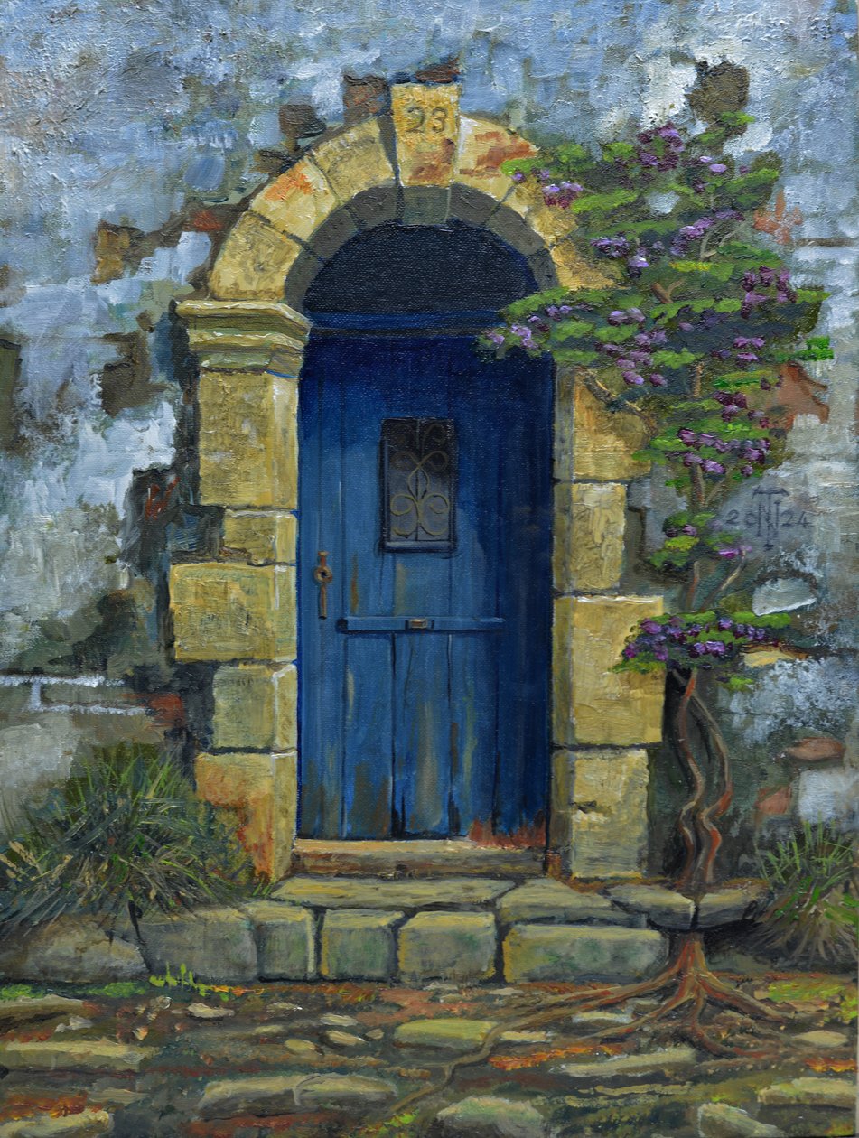 Porte bleue, Paxos, Grèce, 2024 (huile sur carton) - Trevor Neal
