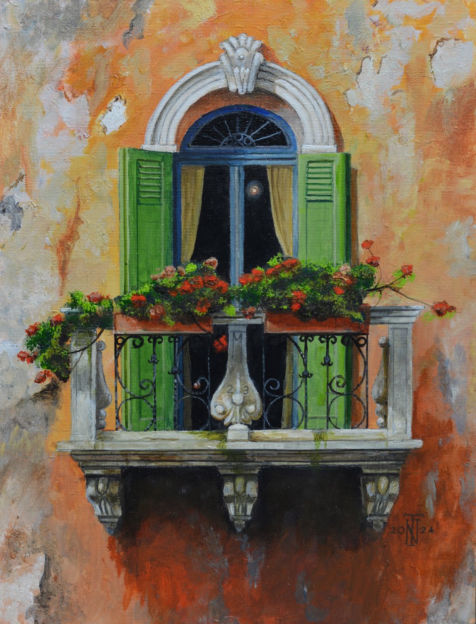 Balcon français, Aix- en- Provence, France, 2024 (huile sur panneau) - Trevor Neal
