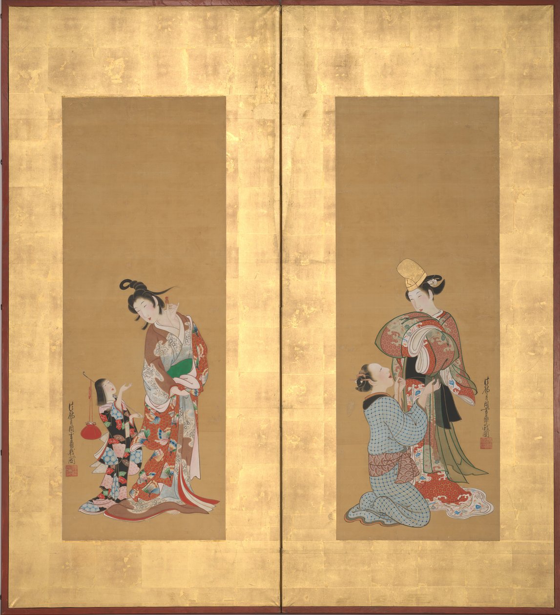Danseuse Shirabyoshi et servante, courtisane et fille de compagnie - Tsukioka Masanobu