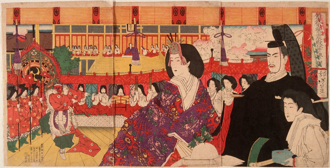 Une représentation de bugaku au palais impérial pendant la Fête des poupées - Tsukioka Yoshitoshi